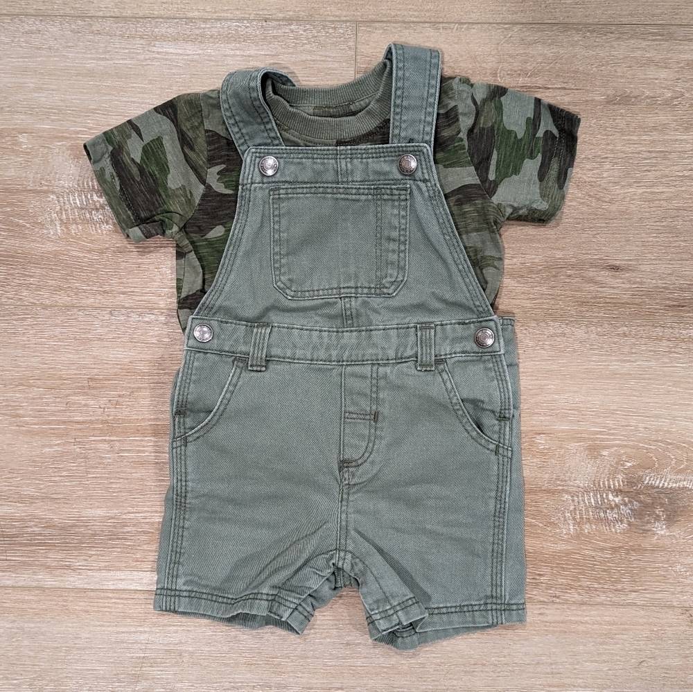 12-18 Mo Green Overall Shorts With Camouflage T Shirt